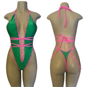 Green and Pink Strappy Swimsuit - sexy exotic Dancewear
